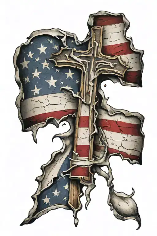 cross and ripped American flag tattoo design idea