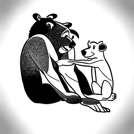 Baloo and mowgli from the jungle book sitting together in fine Line art tattoo design idea