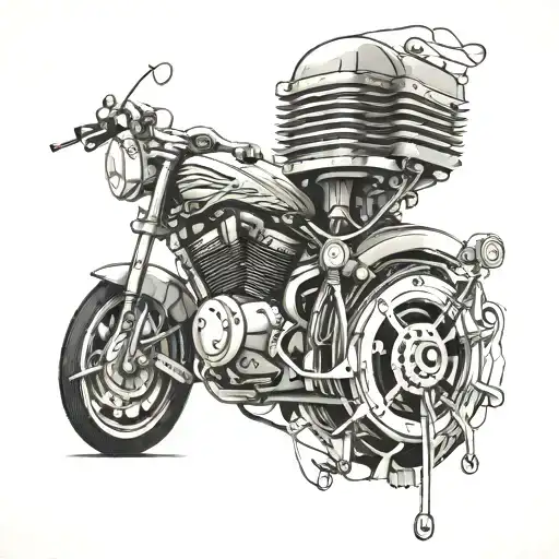 An intricate design of a motorcycle engine intertwined with musical notes and film strips tattoo design idea