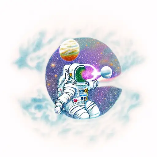 astronaut reaching out for a glowing nug while floating in space tattoo design idea