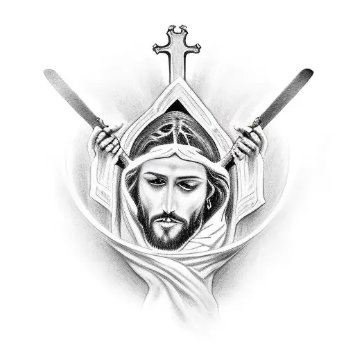 Jesus christ in a white robe with a sword standing on Satan’s head tattoo design idea