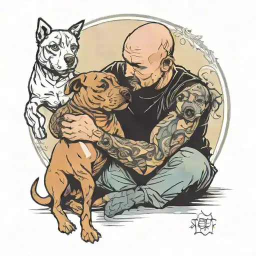 A father hugs a son and a pitbull dog watches over them tattoo design idea