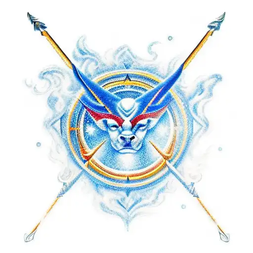 A realistic depiction of a Sagittarius symbol surrounded by fire and ice, symbolizing loyalty and passion tattoo design idea