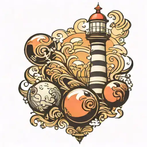 lighthouse with bowling ball and pins tattoo design idea