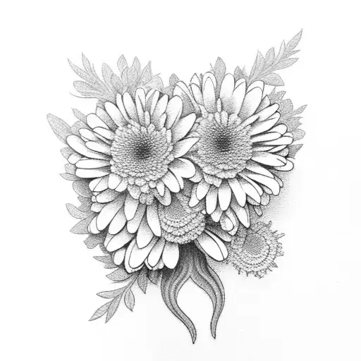 A heart-shaped bouquet of pink chrysanthemums and green foliage, with a hidden otter peeking out, in black-grey shading tattoo design idea