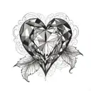black faceted heart shaped gem stone on red rose tattoo design idea