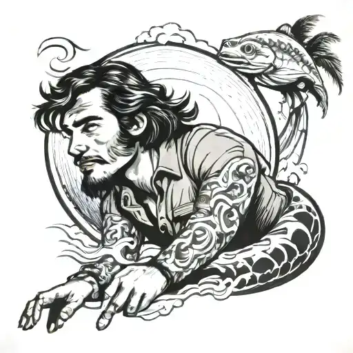 A man in with a mullet in short denim shorts in a inflatable tube floating down a river tattoo design idea