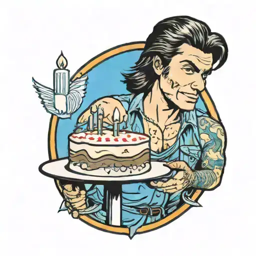 Man with mullet wearing very short denim shorts holding a birthday cake  tattoo design idea