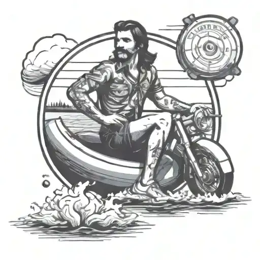 A colorful tattoo with man in with a mullet in short denim shorts in a inflatable tube floating down a river tattoo design idea