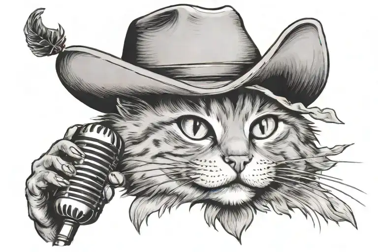 A cat wearing a cowboy hat and singing into a microphone, with a subtle reference to country music tattoo design idea