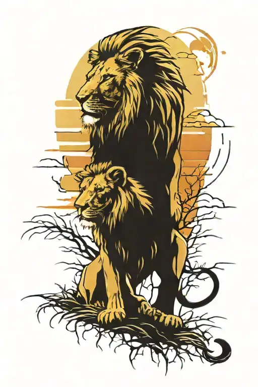 lion with cub in war field durning sunset tattoo design idea