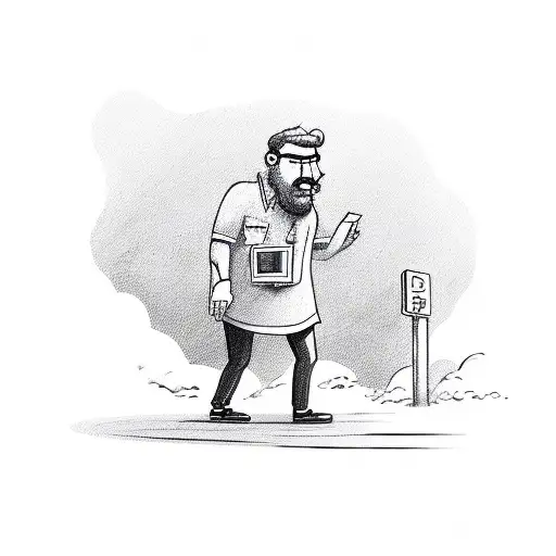 a man carrying a wallet on a road, and at the end of the road there is a burning ATM tattoo design idea