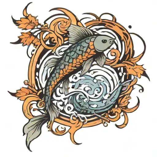 The flowing movement of water representing Pisces. A Virgo symbol subtly incorporated within the composition. Fiery elem tattoo design idea