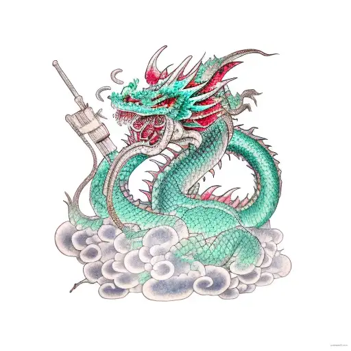 girl hugging mint colored dragon  tattoo design idea
