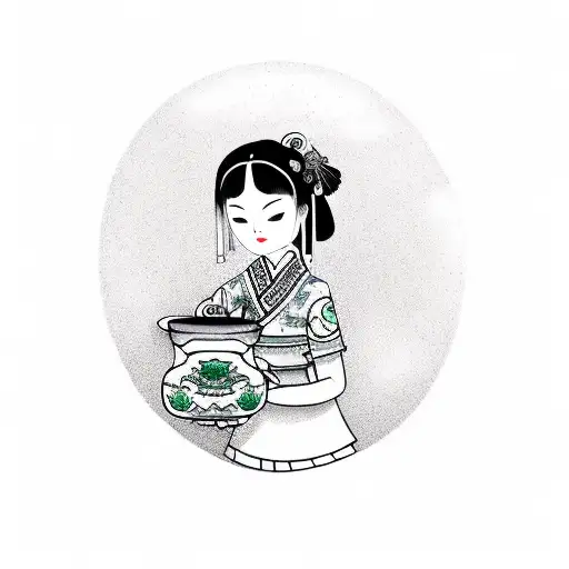 girl hugging pot of mint tattoo design idea