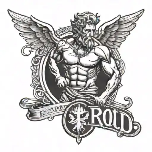 gym and word proud with greek god tattoo design idea