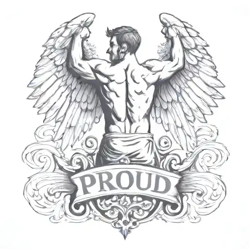 gym and word proud with greek god back with wings tattoo design idea