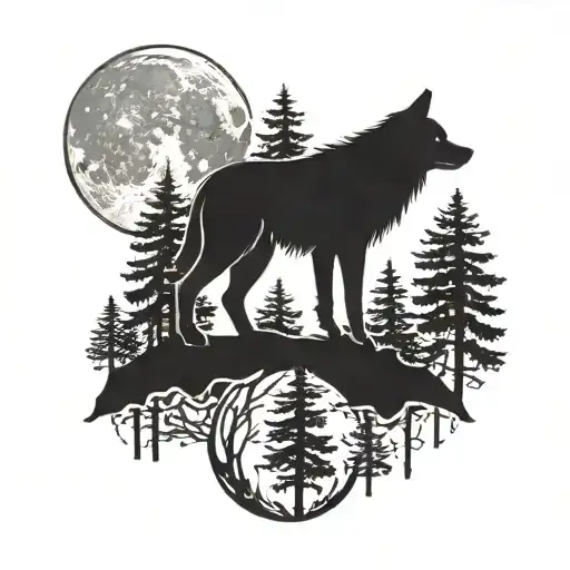 A silhouette of a wolf howling at the moon in a forest setting tattoo design idea