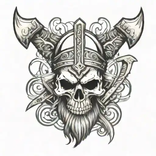 Viking warrior skull with beard and axes crossed behind  tattoo design idea
