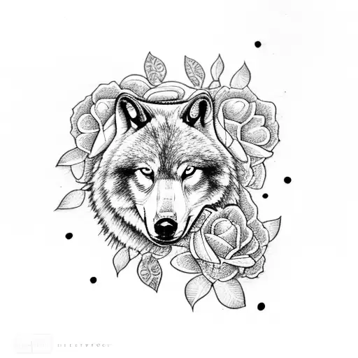 abear and a wolf surrounded by daisies and roses tattoo design idea