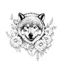 abear and a wolf surrounded by daisies and roses tattoo design idea