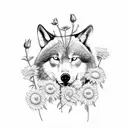 abear and a wolf surrounded by daisies and roses tattoo design idea