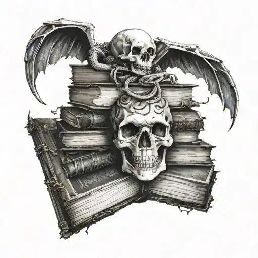 a stack of old books on roots with a skull on top and a white dragon slithering around it all tattoo design idea