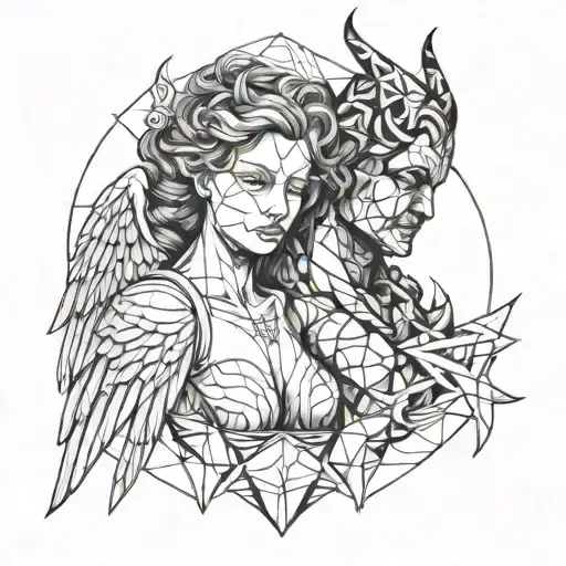 An angel and devil intertwined in a geometric pattern tattoo design idea