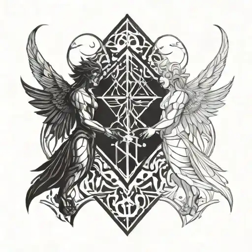 A geometric angel and devil facing off in a tattoo design tattoo design idea