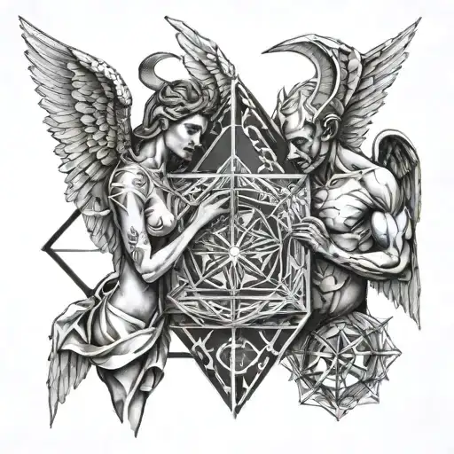 A angel and devil facing off in a geometry box tattoo design idea