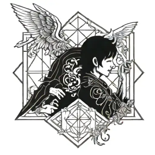 A angel and devil facing off in a geometry box tattoo design idea