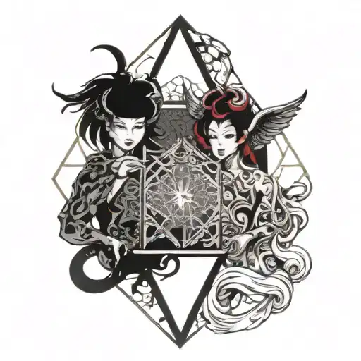 A angel and devil facing off in a geometry box tattoo design idea