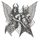 A geometric angel and devil facing off in a tattoo design tattoo design idea