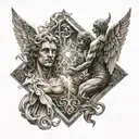 A angel and devil facing off in a square tattoo design idea