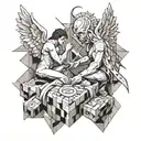 A angel and devil facing off in a geometry box tattoo design idea