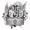 A angel and devil facing off in a geometry box tattoo design idea