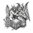 A angel and devil facing off in a geometry box tattoo design idea