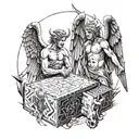 A angel and devil facing off in a geometry box tattoo design idea