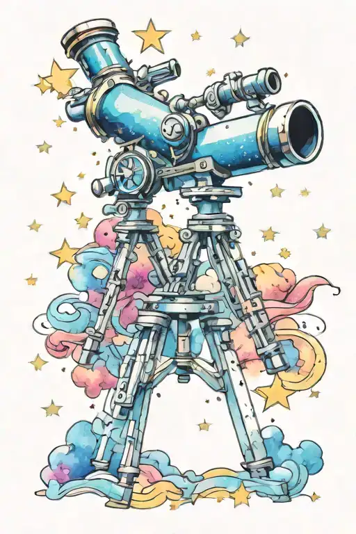 A telescope surrounded by swirling watercolor stars tattoo design idea