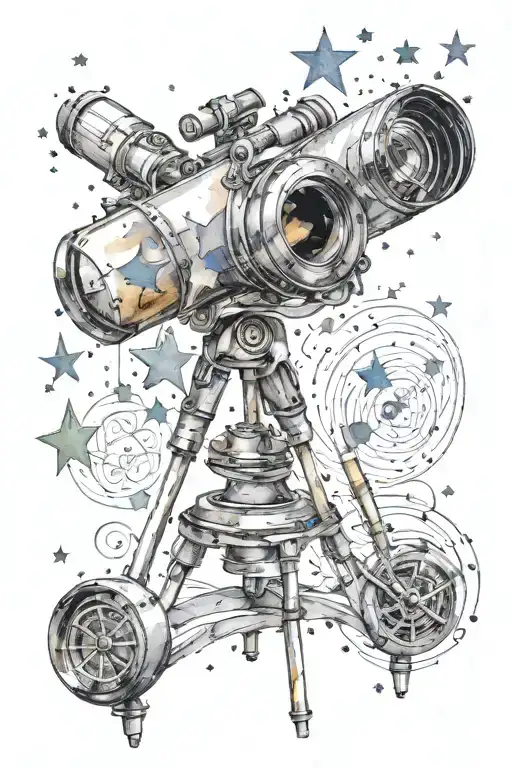 A telescope surrounded by swirling watercolor stars tattoo design idea