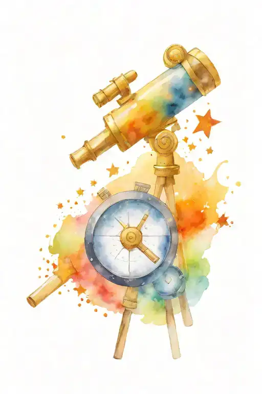 A telescope surrounded by swirling watercolor stars tattoo design idea