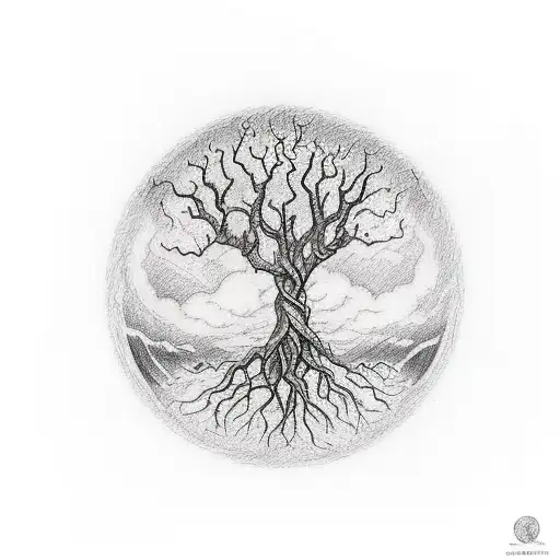 A sketch-style tattoo of a tree of life growing from the Earth's core, symbolizing the interconnectedness of all living beings tattoo design idea