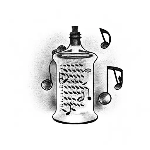 A vintage pharmacy bottle with musical notes and a cat silhouette tattoo design idea