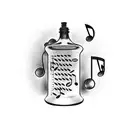 A vintage pharmacy bottle with musical notes and a cat silhouette tattoo design idea