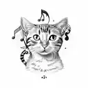 A vintage pharmacy bottle with musical notes and a cat silhouette tattoo design idea