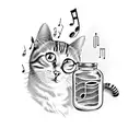 A vintage pharmacy bottle with musical notes and a cat silhouette tattoo design idea