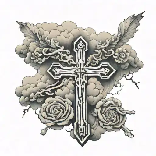 Fear of god in words with clouds and crosses tattoo design idea