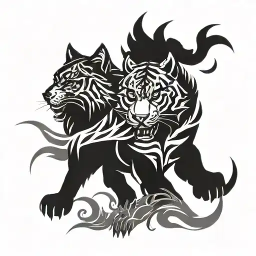 A tribal-inspired design featuring a wolf and a tiger in a fierce battle, symbolizing strength and courage tattoo design idea