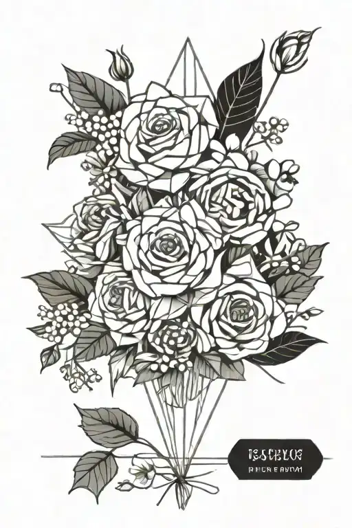 wedding bouquet with wedding date in bottom 3/4 with lines tattoo design idea