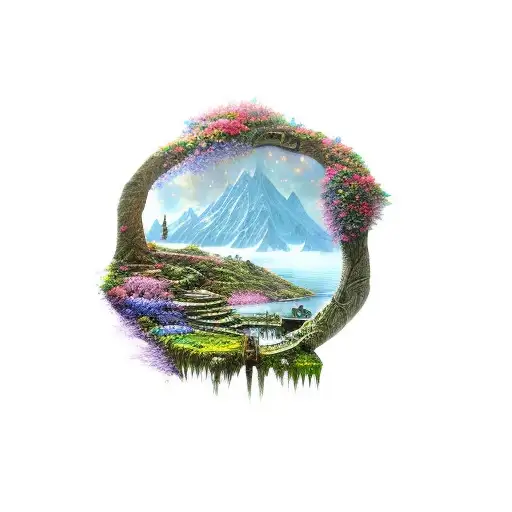 magical world of the lord of the rings landscapes, flowers, objects tattoo design idea